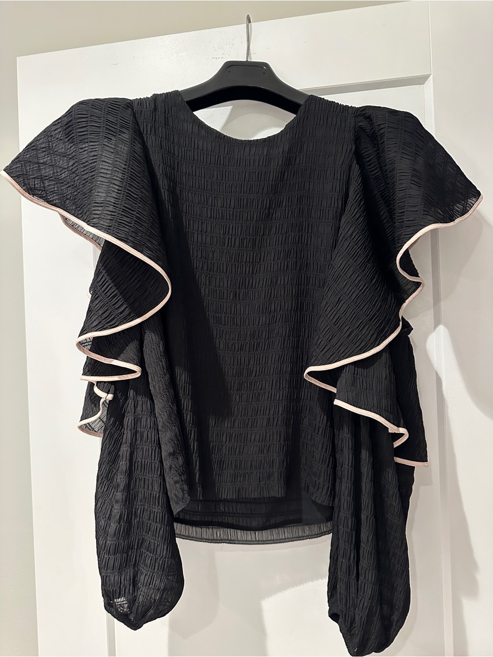 Club Monaco Black Textured Ruffle Sleeve Blouse with Cream Trim
